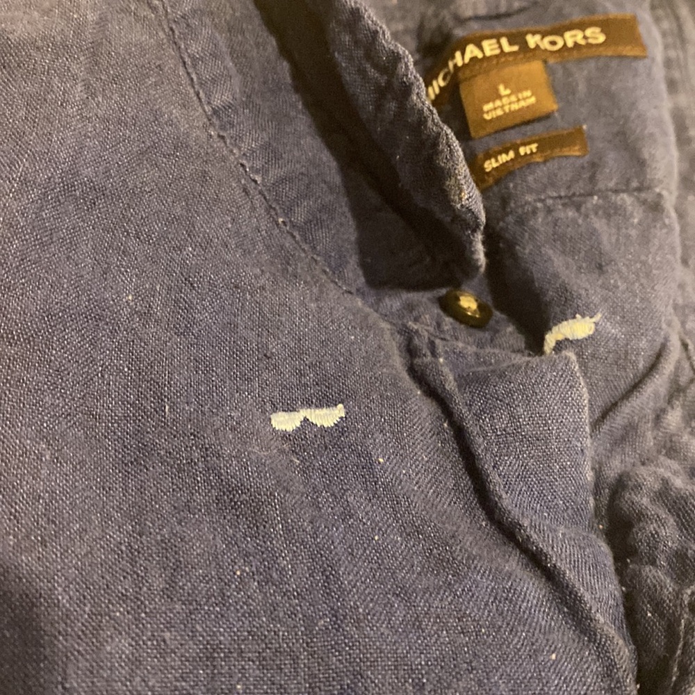 Michael Kors Navy Linen Short Sleeve Embroidered Shirt - Picture 7 of 7